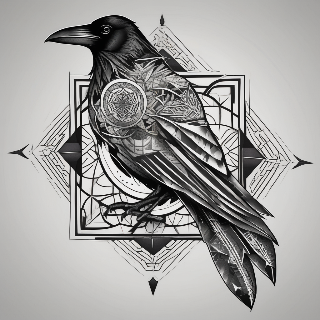 left arm tattoo of a raven on a branch surrounded by mandala fishing tattoos, design de tatouage Géométrique généré par IA
